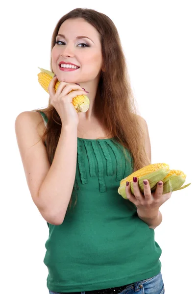 Beautiful woman with maize isolated on white — Stock Photo, Image