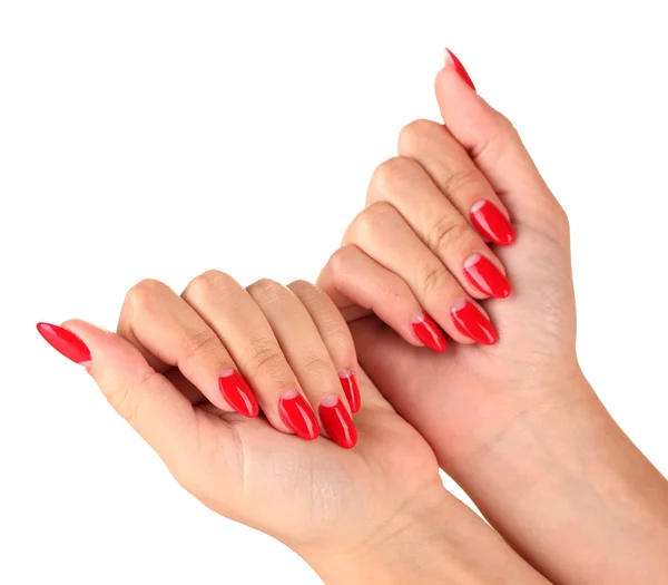 Beautiful female hands with red nails isolated on white — Stock Photo, Image