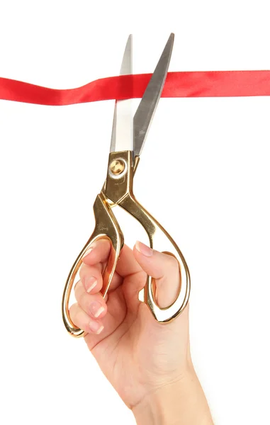 Cutting red ribbon isolated on white — Stock Photo, Image