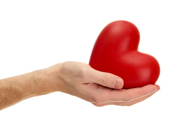 Red heart in man hand, isolated on white — Stock Photo, Image