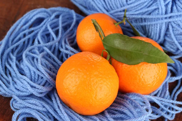 Tangerinas doces com folhas, em fundo de fio azul — Fotografia de Stock