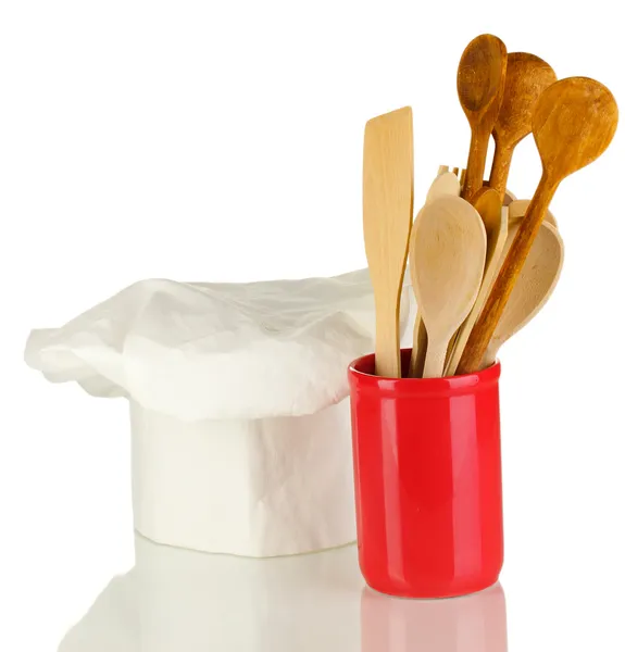 Šéfkuchařské čepice s lžíce izolovaných na bílém — Stock fotografie