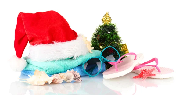 Beach accessories and Christmas tree isolated on white — Stock Photo, Image