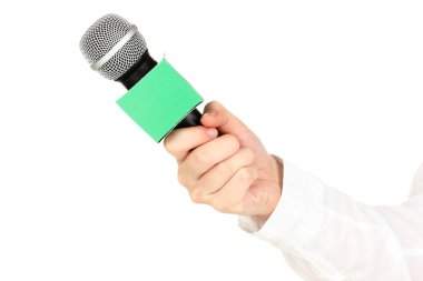 el ile üzerine beyaz izole mikrofon