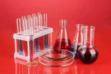 petri dish, renkli arka plan üzerinde test tüpleri ve yeşil yaprak test