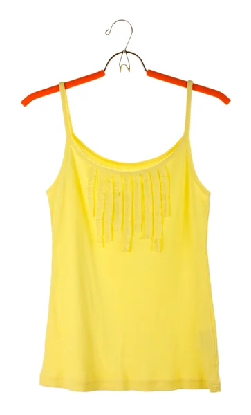 Woman's yellow top on a hanger isolated on white — Stock Photo, Image