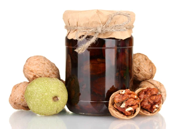 Bank of jam walnuts isolated on white background — Stock Photo, Image