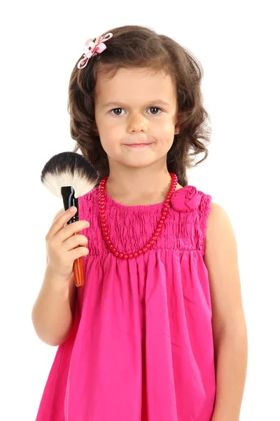 Beautiful little girl doing makeup isolated on white — Stock Photo, Image