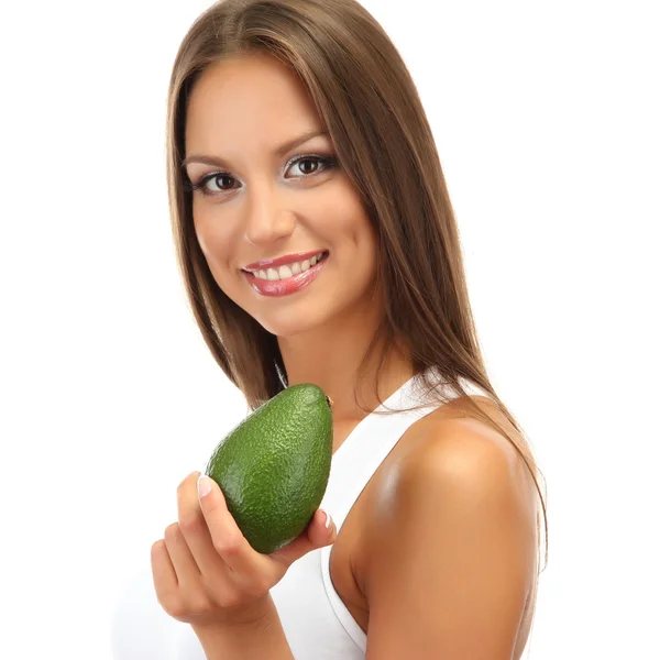 Hermosa joven con aguacate, aislada en blanco — Foto de Stock