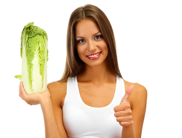 Beautiful young woman with cabbage, isolated on white — Stock Photo, Image