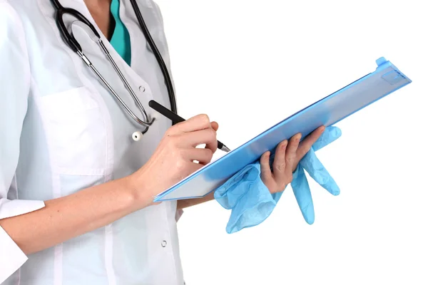 Mano del doctor con la escritura de la pluma en blanco de la prescripción aislada en blanco —  Fotos de Stock