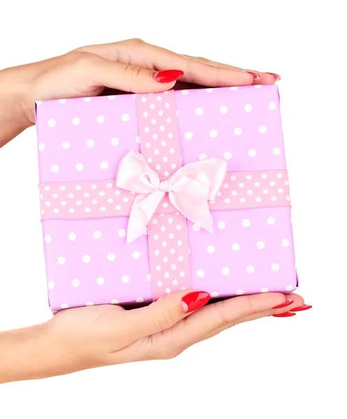 Woman holds box with gift on white background close-up — Stock fotografie