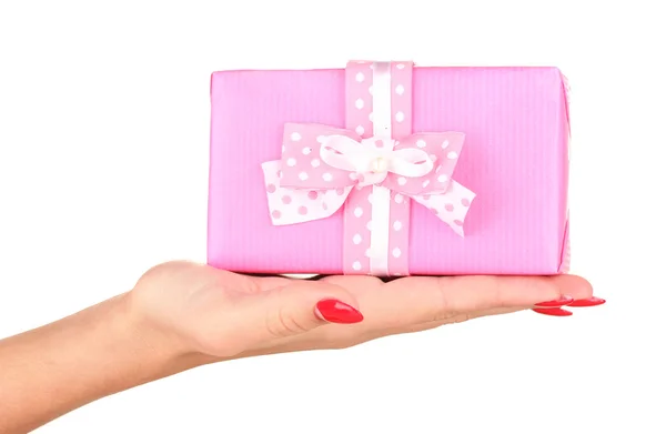 Woman holds box with gift on white background close-up — Stock fotografie