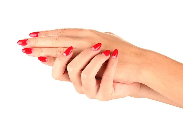 Beautiful female hands with red nails isolated on white — Stock Photo, Image