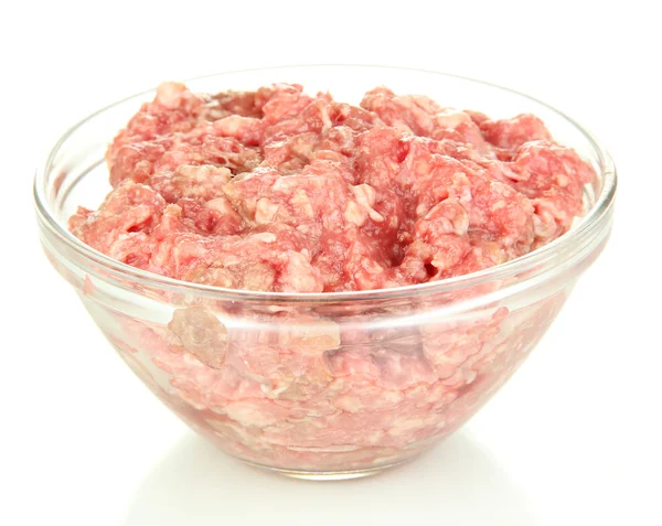 Bowl of raw ground meat isolated on white — Stock Photo, Image