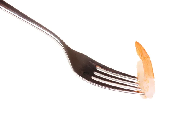 Shrimp on a fork isolated on white — Stock Photo, Image