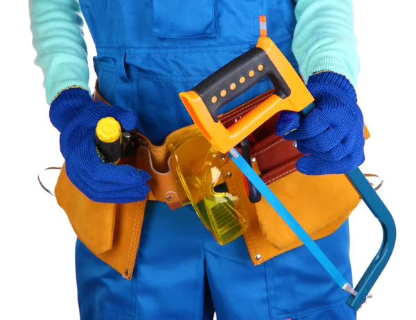 Male builder in blue overalls with saw isolated on white — Stock Photo, Image