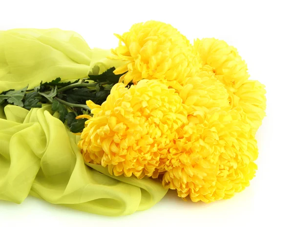 Bouquet of bright yellow chrysanthemums flowers on cloth, isolated on white — Stock Photo, Image