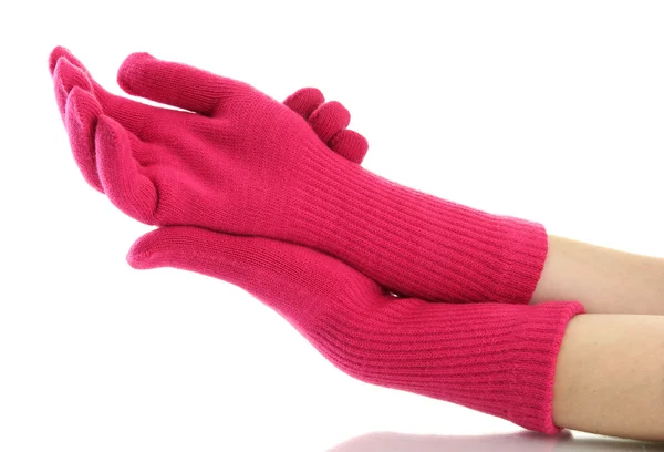 Woman knitted gloves on hands, isolated on white — Stock Photo, Image