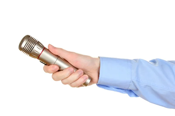 Main masculine avec microphone isolé sur blanc — Photo