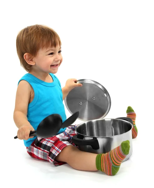 Cute little boy with kitchen accessories, isolated on white — Stock Photo, Image