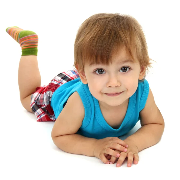 Lindo niño con cazuela, aislado en blanco — Foto de Stock