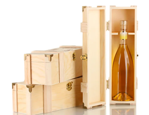 Wine bottle in wooden box, isolated on white — Stock Photo, Image