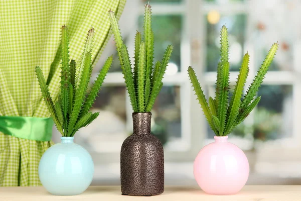 Cactuses in vases on windowsill — Stock Photo, Image