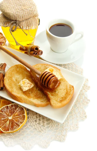 Torrada de pão branco com mel e xícara de café, isolada em branco — Fotografia de Stock