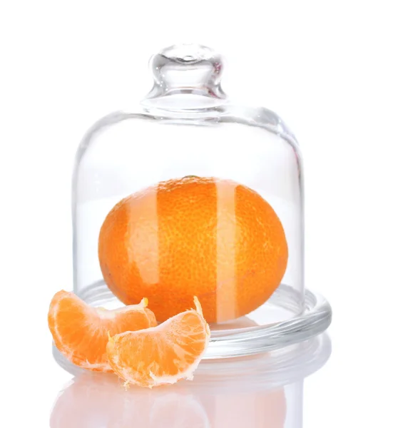 Tangerine on saucer under glass cover isolated on white — Stock Photo, Image