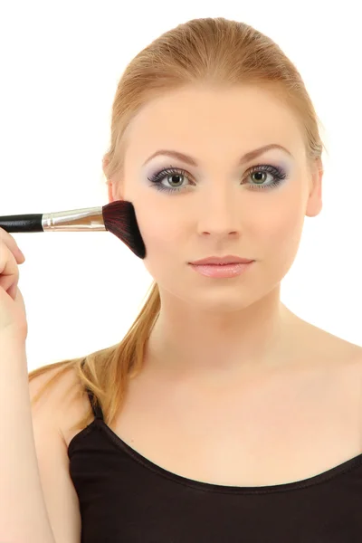 Portrait of beautiful woman with make-up brush for powder, isolated on white — Stock Photo, Image