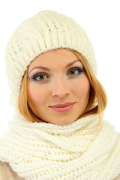 Young beautiful woman wearing winter clothing, isolated on white — Stock Photo, Image