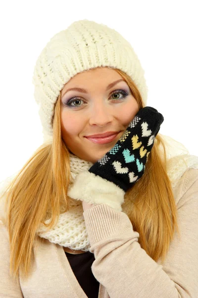 Young beautiful woman wearing winter clothing, isolated on white — Stock Photo, Image