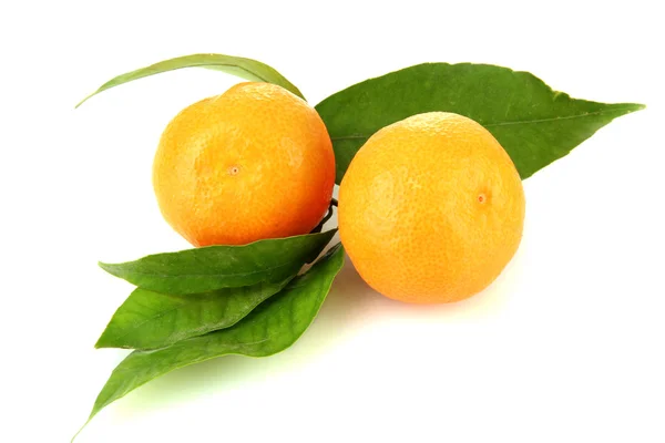 Mandarini dolci maturi con foglie, isolati su bianco — Foto Stock