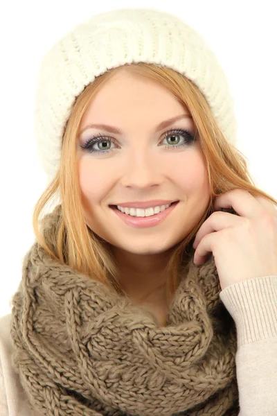 Young beautiful woman wearing winter clothing, isolated on white — Stock Photo, Image