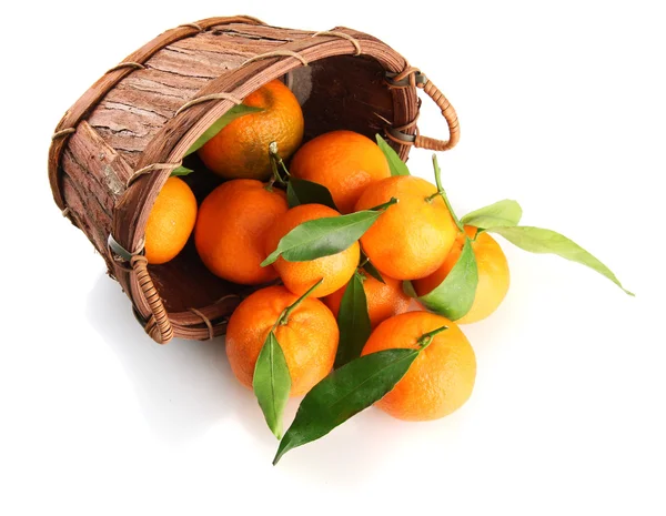 Mandarino dolce maturo con foglie in cesto, isolato su bianco — Foto Stock