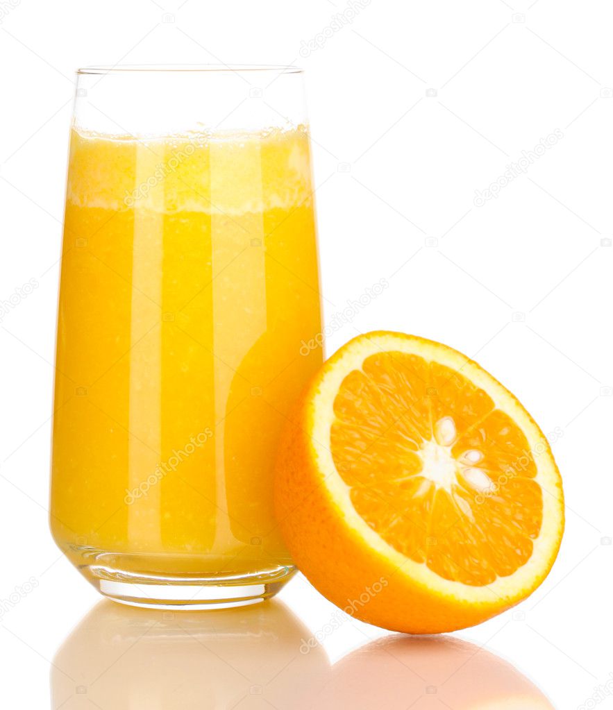 Glass of fresh orange juice isolated on white