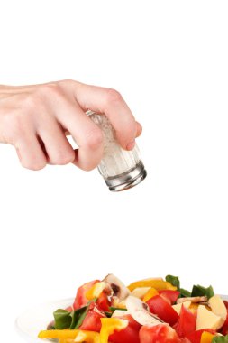 el ekleyerek tuz tuz shaker üzerinde beyaz izole kullanarak
