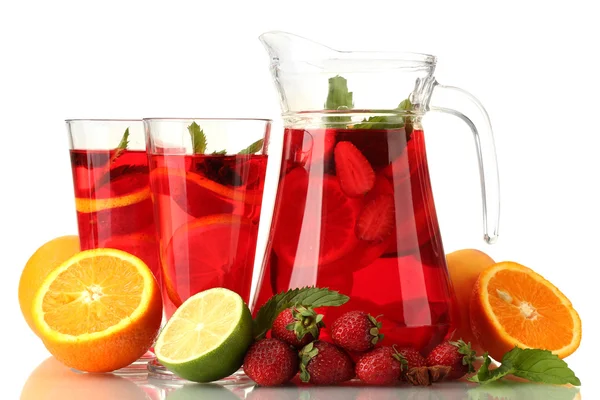 Sangria in jar and glasses with fruits, isolated on white — Stock Photo, Image