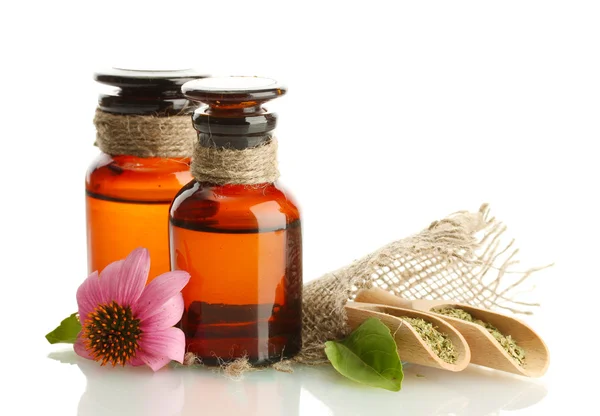 Geneeskundeflessen met paarse echinacea, geïsoleerd op wit — Stockfoto