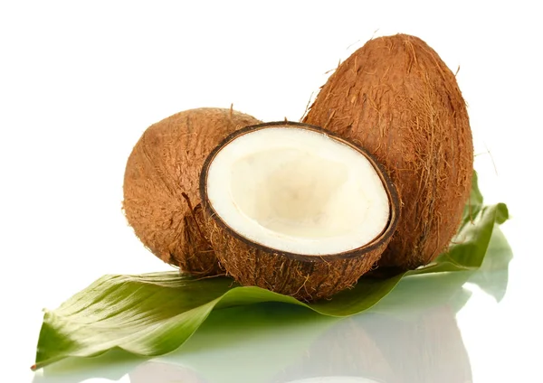 Coconuts with green leaf isolated on white background close-up — Stock Photo, Image