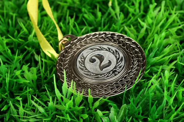 Серебряная медаль на фоне травы — стоковое фото