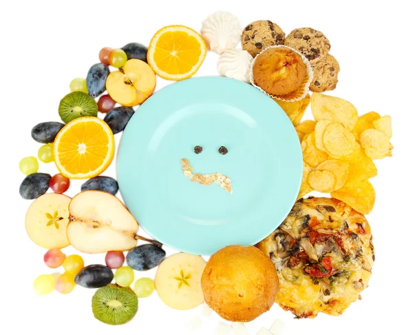 Blue plate surrounded by useful and harmful food isolated on white — Stock Photo, Image