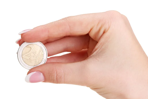 Mano de mujer con moneda de euro, aislada en blanco — Foto de Stock