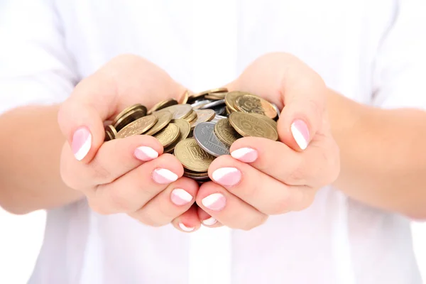 Kvinna händer med mynt, närbild — Stockfoto