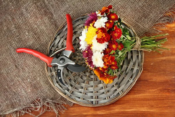 Secateurs with flowers on sackcloth on wooden background — Stock Photo, Image