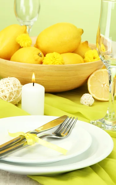 Beautiful holiday table setting with lemons, close up — Stock Photo, Image