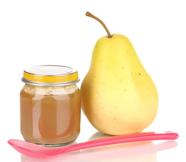 Useful and tasty baby food with pear and spoon isolated on white — Stock Photo, Image
