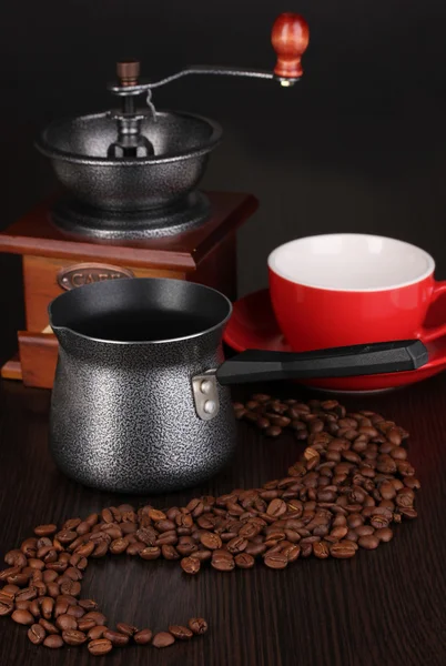 Coffee maker and coffee mill on brown table — Stock Photo, Image