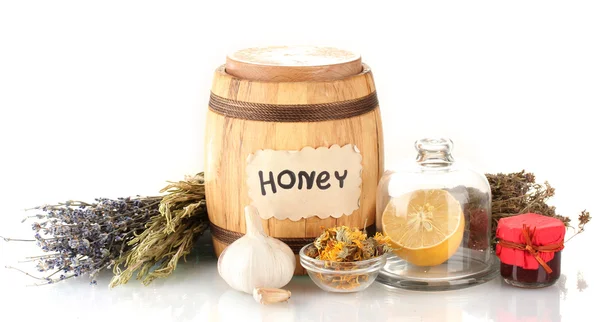 Honey and others natural medicine for winter flue, isolated on white — Stock Photo, Image